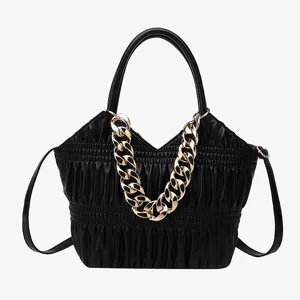 Black ruched tote handbag with chunky gold chain, stylish women shoulder crossbody bag.
