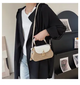 Dames Geweven Crossbody Tas Stijlvolle Stro Schoudertas met Chique Metalen Slot