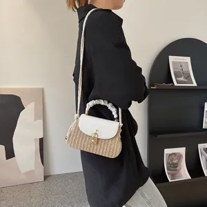 Modieuze geweven stro schoudertas voor dames, chique witte flap crossbody tas nou.
