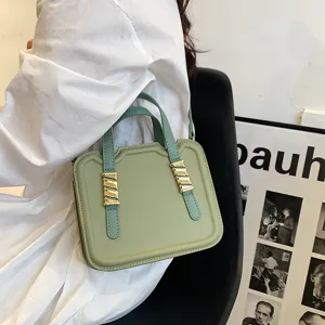 Trendy PU Leather Small Square Shoulder Bag For Women Metal Buckle Crossbody Handbag Chic Stitching Biscuit Tote Bag Daily Matching