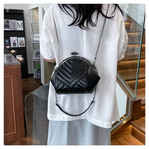 Black quilted chevron shell shoulder bag with metal kiss-lock closure and chic chain strap.