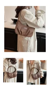 Stylish pleated underarm shoulder bag for women, trendy brown PU leather crossbody bag.