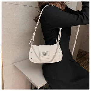 Chic French style white crocodile pattern baguette shoulder bag with metal chain and heart lock.
