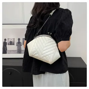 White chevron quilted frame shoulder bag with metal chain strap and clasp closure.