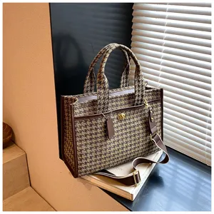 Γυναικεία Τσάντα Tote από Καμβά Houndstooth Δερμάτινο Patchwork Τσάντα Ώμου Στυλάτη