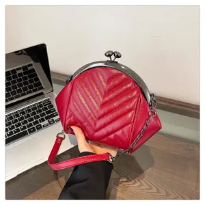 Red Quilted Chevron Shell Bag With Metal Chain Strap And Elegant Kiss-Lock Closure