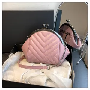 Close-up detail of the pink quilted shell bag featuring metal kiss-lock frame and chain strap.