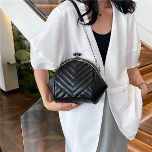 Women Fashion Quilted Shell Shoulder Bag PU Leather Crossbody Bag With Metal Chain And Kiss Lock Clasp Handbag