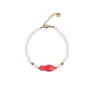 Bracelet de perles bohème avec pendentif poisson rose et chaîne d'extension dorée