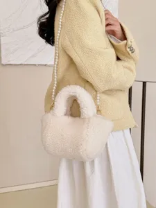 Chic plush bucket bag για γυναίκες, κομψή τσάντα ώμου από συνθετικό δέρμα με αλυσίδα πέρλας.