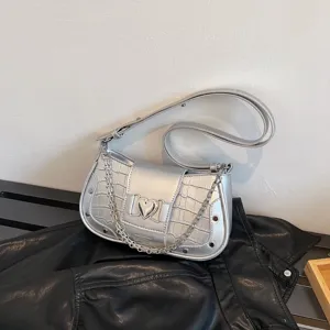 Silver metallic crocodile pattern underarm shoulder bag with chain and heart lock for women
