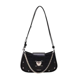 Black crocodile pattern PU leather shoulder bag with heart lock and chain for women.