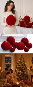 Matte flocked Christmas baubles, large red hanging ornaments for holiday tree and festive decor.