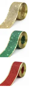 Nastro glitterato con bordo dorato, nastro brillante per confezioni regalo e fiocchi.