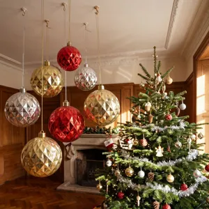Large 20-30cm geometric faceted mirror Christmas ball ornaments for tree festive holiday decor.
