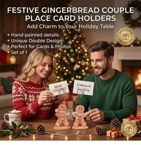Vue rapprochée de porte-cartes de place couple pain d'épices de Noël, résine peinte main.