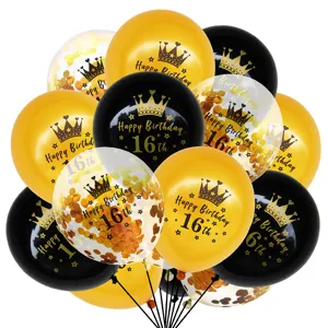16th birthday balloon set with black gold and clear confetti balloons for party decor.