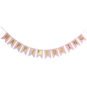 Pink wedding pennant banner with gold metallic letters, perfect for bridal shower party decor.