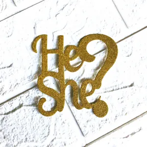 Gold glitter He or She cake topper for gender reveal party baby shower cake decoration.