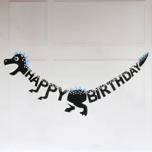 Dinosaur happy birthday banner party decoration with cute black and white dinosaur design main view