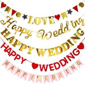 Wedding Party Gold Foiling Paper Banner Heart Love Happy Letter Hanging Garland Bunting Bridal Shower Decor