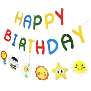 Colorful Happy Birthday banner with cute cartoon sunflower, bee and star hanging decorations.