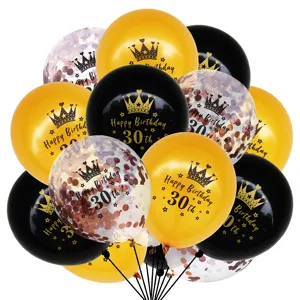 12-inch 30th birthday balloon cluster detail, black gold and confetti latex balloons set.