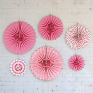 Set of 6 pink paper fan decorations for wedding birthday party hanging backdrop decor.