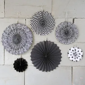 6-piece black and white paper fan set for wedding party birthday decor backdrop hanging.