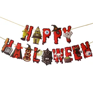 Spooky Halloween paper banner detail, bloody letter design with cute ghosts and pumpkins.
