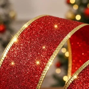Nastro glitter rosso con bordo dorato per confezioni regalo di Natale e decorazioni.