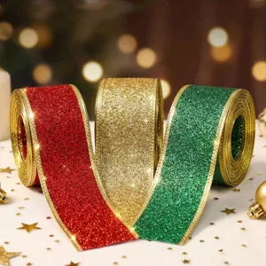 Nastro glitterato di Natale con bordo dorato per confezioni regalo, fiocchi e decorazioni.