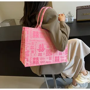 Borsa shopper in tela stile cinese rosa da matrimonio con stampa doppia felicità e grande borsa.