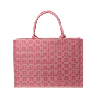 Borsa shopper da sposa in stile cinese rosa con motivo doppia felicità, grande borsa.
