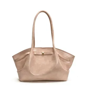 Stylish pleated shoulder tote bag for women, elegant casual commuter handbag in soft pink.