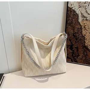 Detailed view of the chic off-white pleated shoulder tote bag with trendy silver chain.