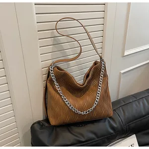 Brown pleated shoulder bag for women, retro casual tote handbag with chunky silver chain strap.