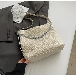 Pleated shoulder bag for women, cream white casual tote with silver chain and chic retro design.