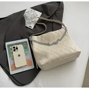 Stylish autumn pleated shoulder bag for women, elegant cream white tote with chain strap.