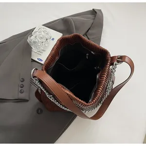 Brown pleated shoulder bag for women, large capacity vintage commuter tote bag with chain strap.