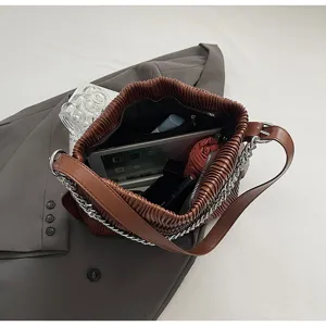 Brown ruched shoulder tote bag for women, stylish casual PU leather handbag with chain strap.