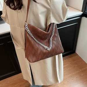 Women Fashion Casual PU Tote Bag Western Vintage Large Capacity Single Shoulder Bag Commuting Ruched Pleated Chain Bag Handbag