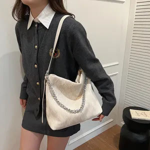 Stylish pleated shoulder bag for women, large capacity casual tote with metal chain strap.
