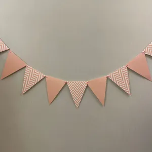Pink and white chevron triangular bunting banner for birthday party and festival decoration.