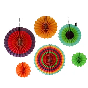 Set of 6 colorful hanging paper fan decorations for weddings, birthdays, and party backdrops.