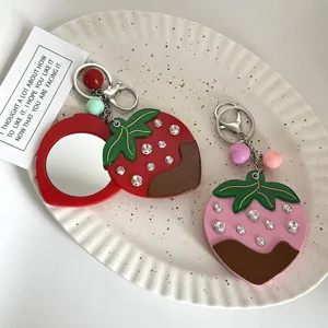 Creativo Fragola Frutta Portachiavi Specchio per Trucco Acrilico Lega Strass Borsa Fascino Portatile Specchietto da Tasca Ciondolo per Donna
