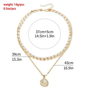 Gold multi-layer necklace with pearl shell pendant showing exact chain dimensions