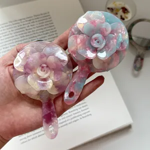 Espejo de maquillaje floral 3D coreano de acetato espejo de bolsillo portátil cosmético