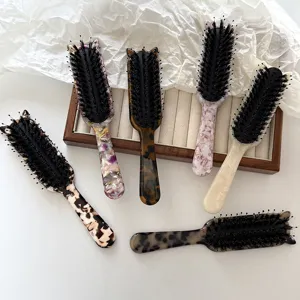 Boar bristle hair brush with cute cat ears and acetate handle, retro styling massage comb.