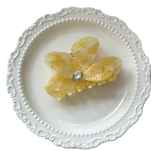 Amber acetate butterfly hair claw clip with crystal stone, elegant shark clip for women.